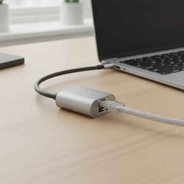 Adaptateur branché sur le port USB-C d'un ordinateur portable, un câble réseau gris clair clipsé dans sa prise RJ45