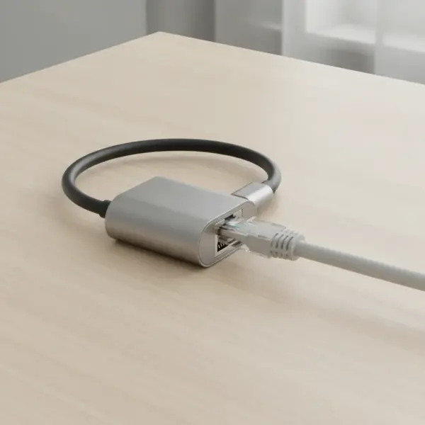 Câble réseau gris clair branché dans la prise RJ45 de l'adaptateur, posé sur une table en bois clair