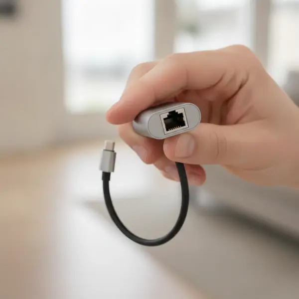 Main tenant l'adaptateur USB-C vers RJ45, prise réseau face à l'objectif et câble court qui pend jusqu'à la fiche USB-C