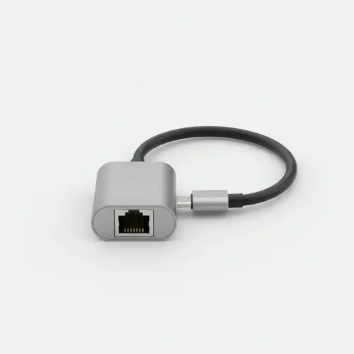 Adaptateur USB-C vers RJ45 en aluminium gris posé sur fond clair, prise réseau de face et câble court terminé par une fiche USB-C