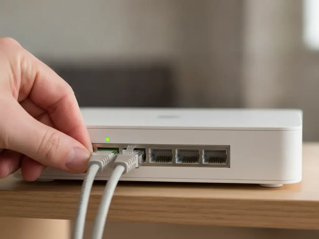 Main qui enfonce la prise RJ45 d'un câble Ethernet gris clair dans l'un des ports d'une box internet blanche