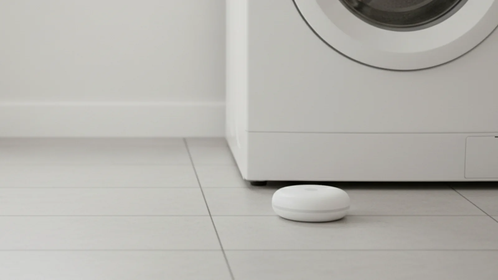 Détecteur de fuite d'eau posé sur le carrelage d'une buanderie, au pied d'un lave-linge blanc