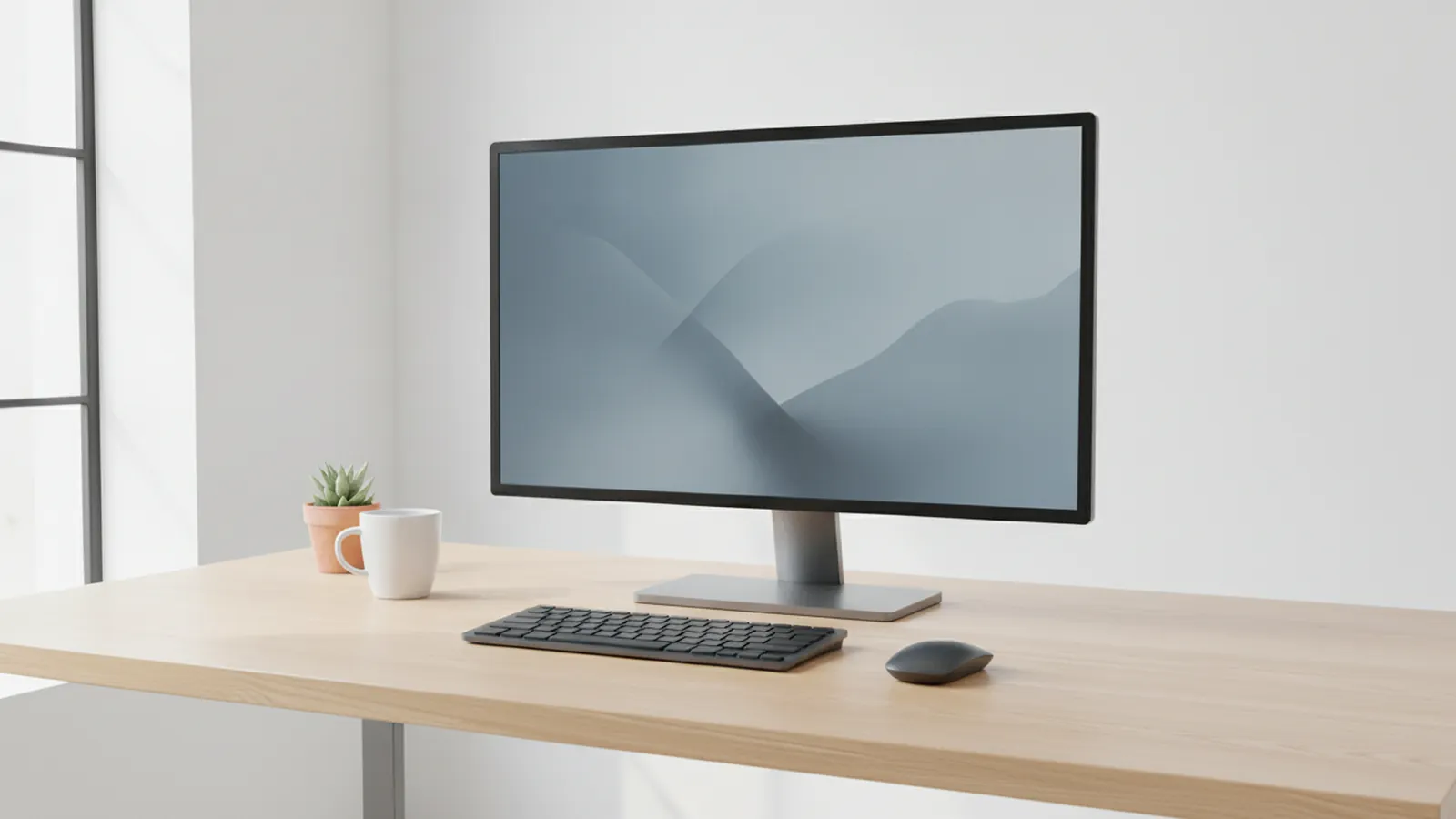 Bureau lumineux près d’une fenêtre : écran, clavier compact gris graphite et souris sur un plateau en bois clair