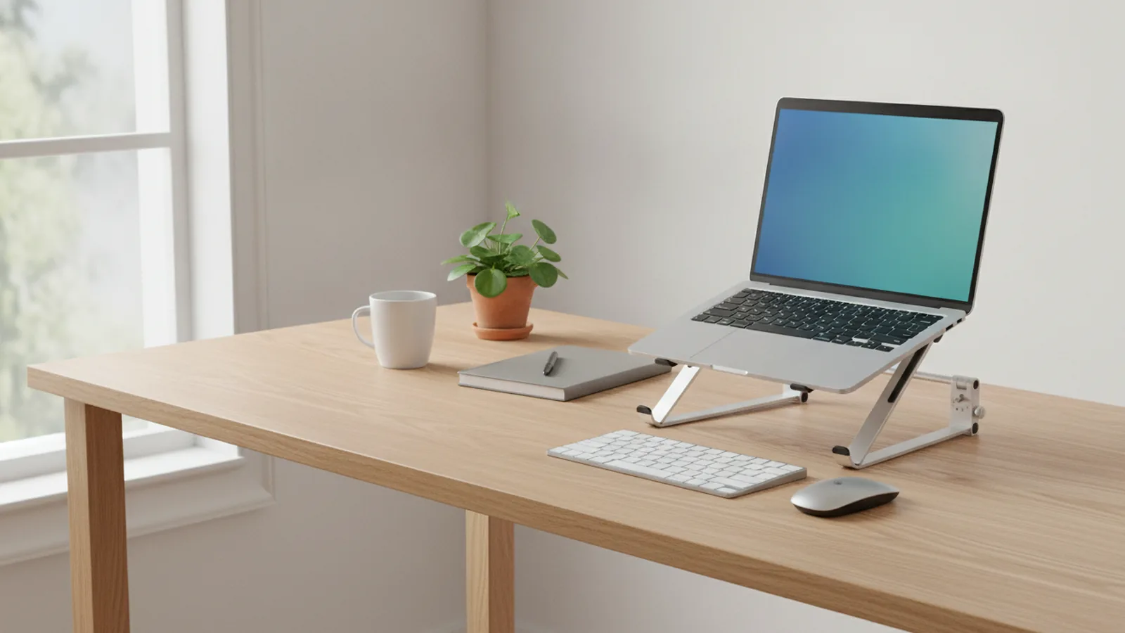 Bureau en bois clair près d'une fenêtre, avec un ordinateur portable surélevé sur son support, un clavier et une souris