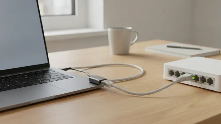 Ordinateur portable sur un bureau, relié à la box par un câble Ethernet gris branché sur un adaptateur USB-C