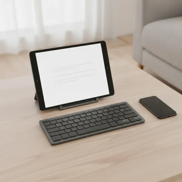 Clavier compact posé devant une tablette sur support, avec un téléphone à côté, sur une table en bois clair