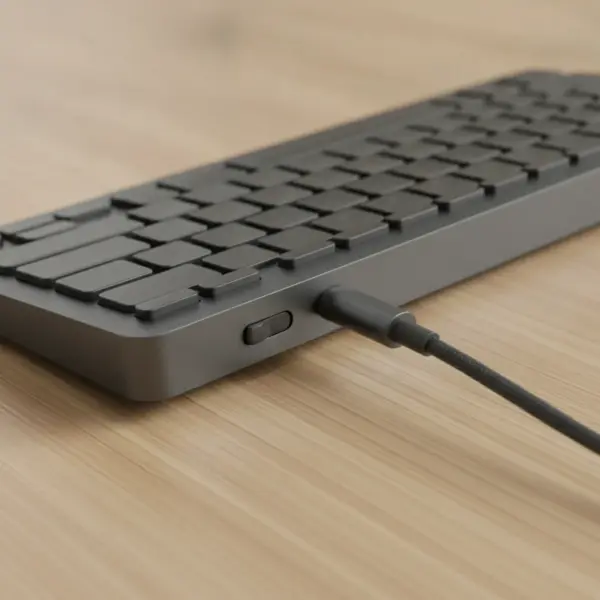 Gros plan sur la tranche du clavier : interrupteur et câble USB-C branché dans le port de recharge