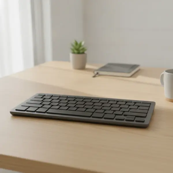 Clavier compact gris graphite posé sur un bureau en bois clair, avec une plante, un carnet et une tasse
