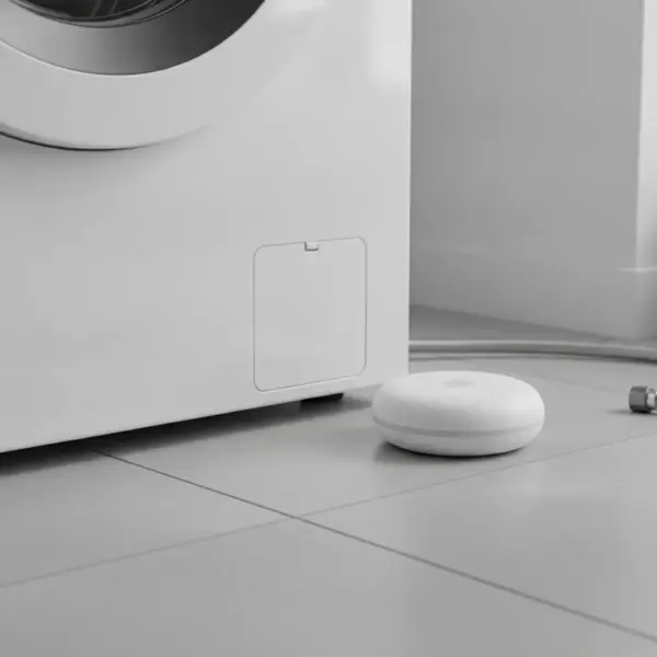 Détecteur posé sur le carrelage à côté d'un lave-linge blanc, près du tuyau d'arrivée d'eau