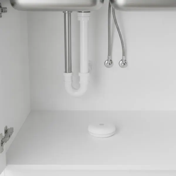 Détecteur posé au fond d'un meuble sous évier, sous le siphon et les flexibles d'arrivée d'eau