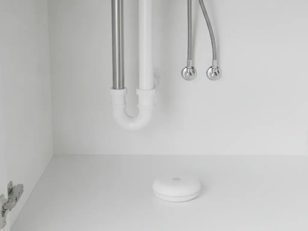 Détecteur de fuite d'eau posé au fond d'un meuble sous évier, sous les tuyaux d'évacuation