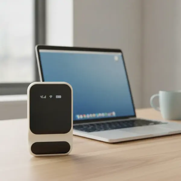Hotspot debout sur un bureau en chêne clair, à côté d’un ordinateur portable ouvert et d’une tasse, près d’une fenêtre