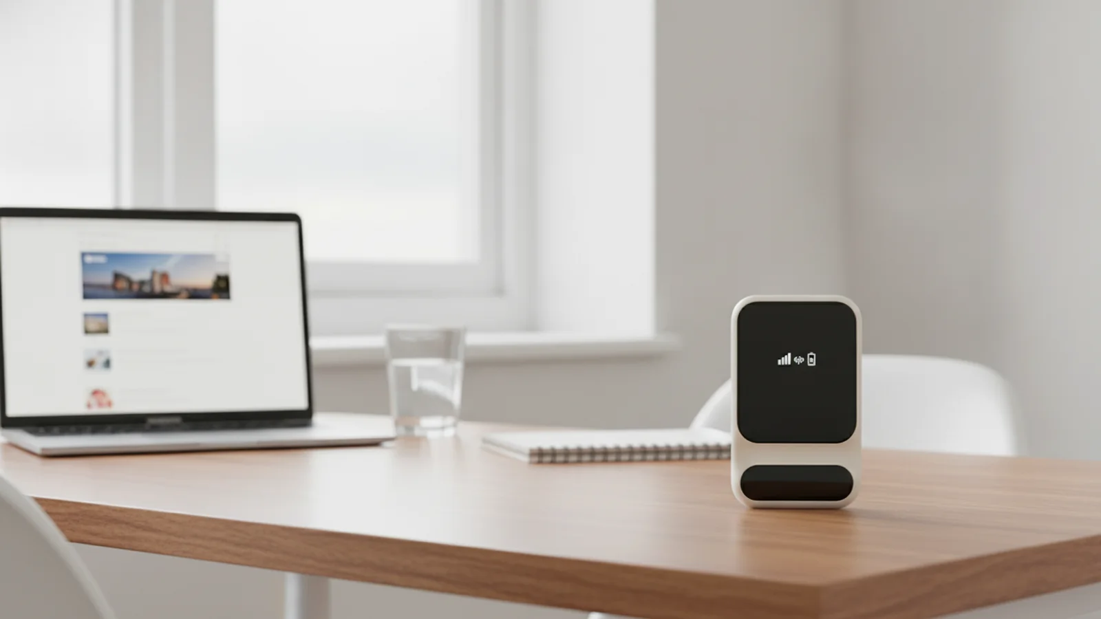 Table de travail en bois près d’une grande fenêtre, avec ordinateur portable, carnet, verre d’eau et hotspot debout à droite