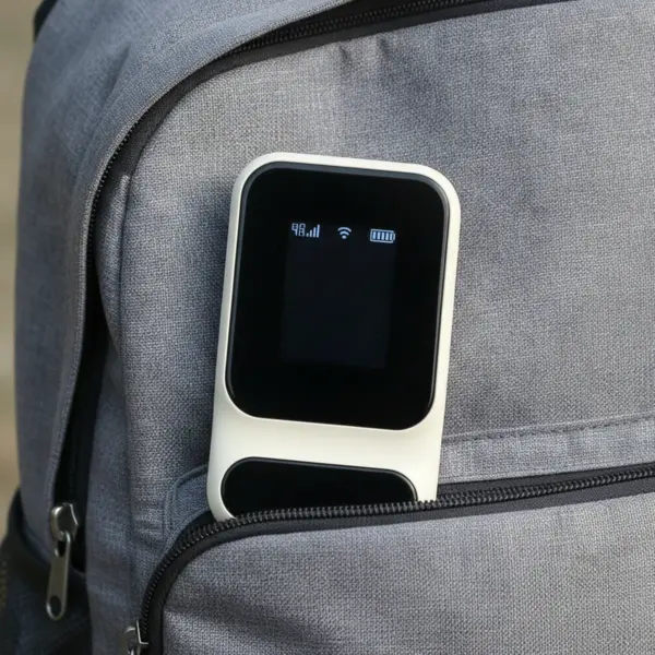 Boîtier crème et noir qui dépasse de la poche avant ouverte d’un sac à dos en tissu gris