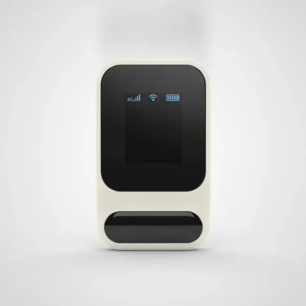 Hotspot Wi-Fi 4G de poche crème vu de face, debout sur un fond gris clair uni, écran noir à icônes de réseau, Wi-Fi et batterie