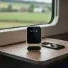 Hotspot 4G posé debout sur la tablette d’un siège de train, près d’un téléphone, campagne floue derrière la vitre