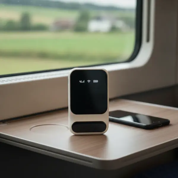 Hotspot 4G posé debout sur la tablette d’un siège de train, près d’un téléphone, campagne floue derrière la vitre
