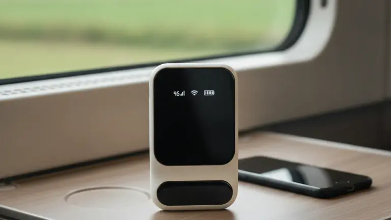 Hotspot 4G de poche posé debout sur la tablette d'un siège de train, à côté d'un téléphone