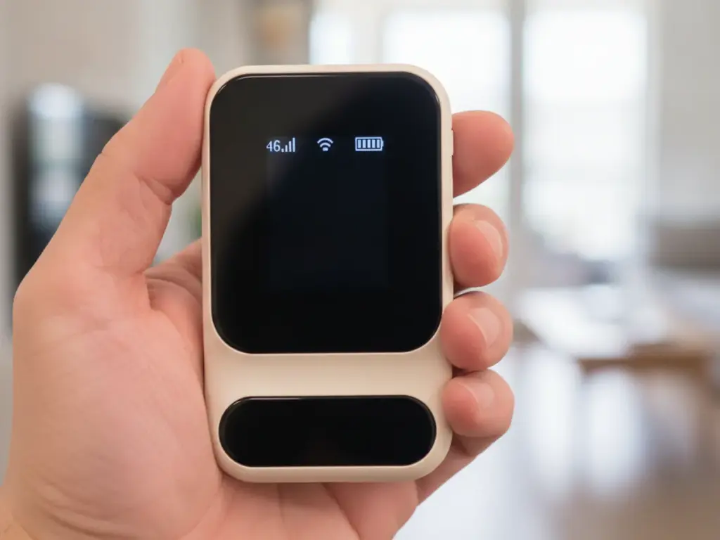 Hotspot 4G de poche tenu dans une main, écran allumé avec les icônes de réseau et de batterie