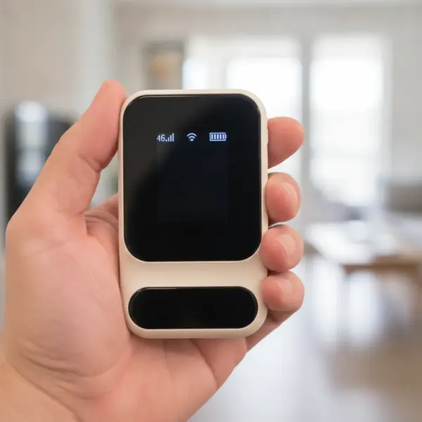 Boîtier Wi-Fi 4G tenu dans une main, vu de face, devant un salon lumineux flou