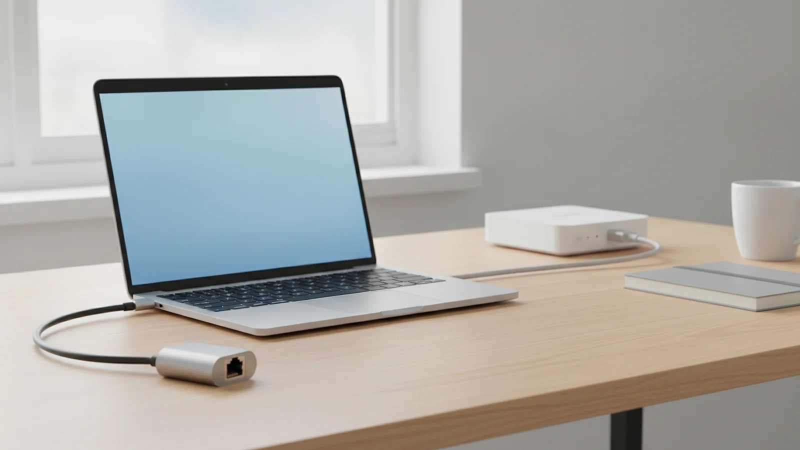 Bureau lumineux près d'une fenêtre, avec un ordinateur portable et l'adaptateur branché sur son port USB-C