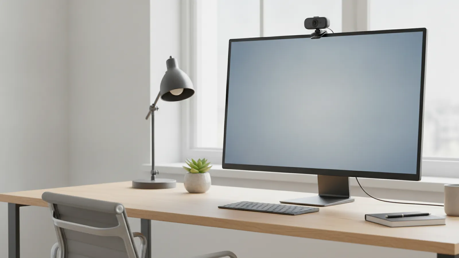 Bureau près d'une fenêtre avec un écran, une webcam fixée en haut de l'écran, un clavier et une lampe