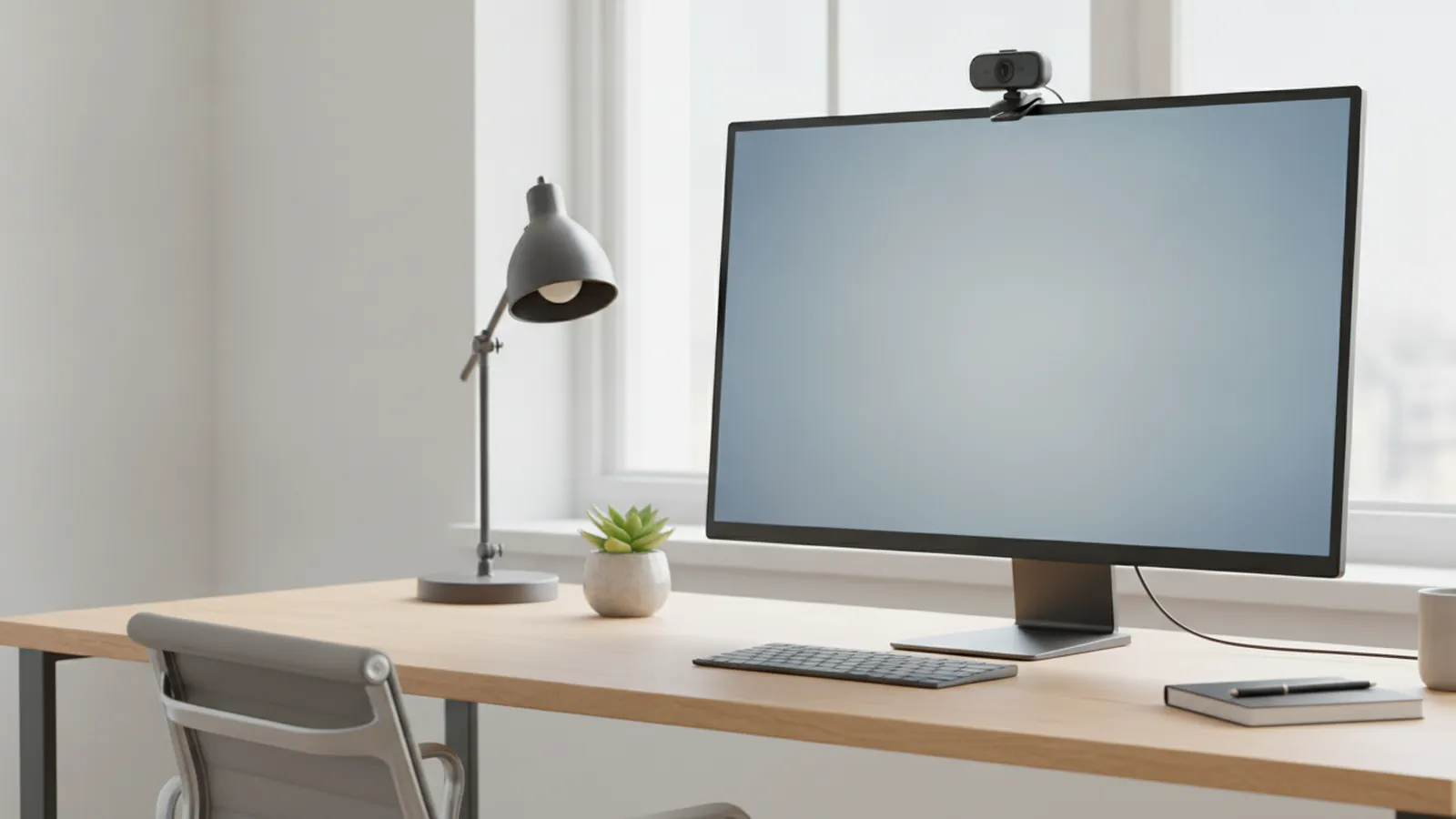 Bureau lumineux près d'une fenêtre, écran surmonté de la webcam, clavier, lampe et plante