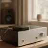 Récepteur Bluetooth posé sur un amplificateur hi-fi, relié par un câble RCA rouge et blanc