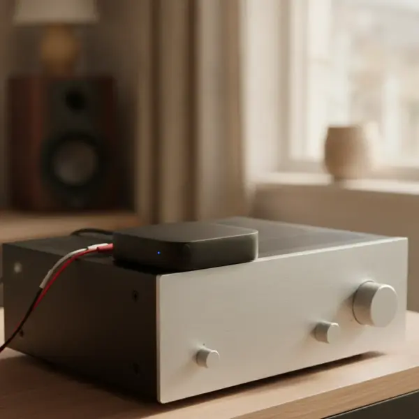 Récepteur Bluetooth posé sur un amplificateur hi-fi, relié par un câble RCA rouge et blanc
