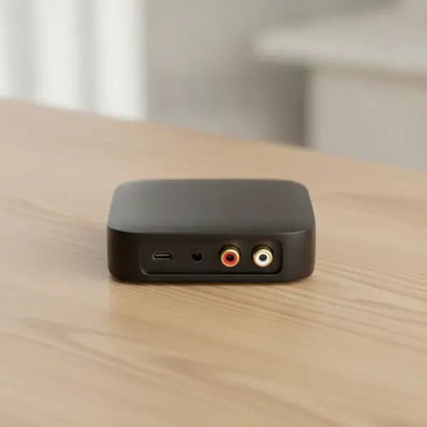 Face arrière du récepteur : port USB-C, prise jack 3,5 mm et deux prises RCA, l’une rouge, l’autre blanche