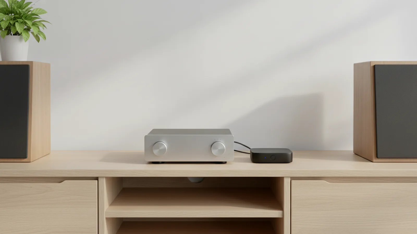 Meuble bas de salon avec un amplificateur argenté, deux enceintes et le récepteur Bluetooth