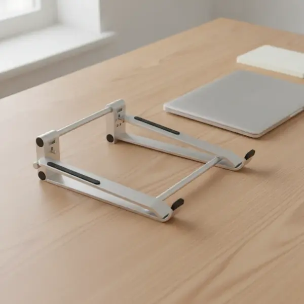 Support d'ordinateur en aluminium replié à plat, posé sur un bureau en bois clair