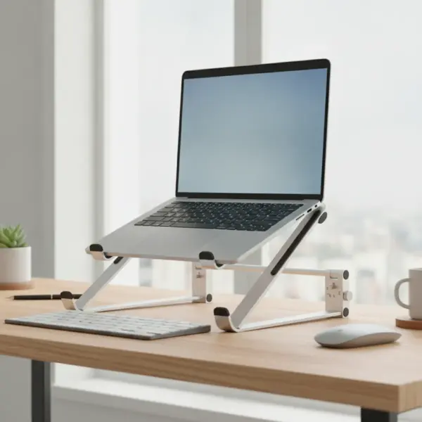 Ordinateur portable ouvert posé sur le support en aluminium, avec un clavier et une souris séparés sur le bureau