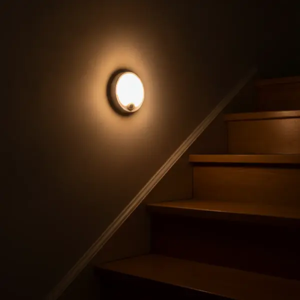 Veilleuse allumée sur le mur d’un escalier en bois, éclairant les marches dans le noir