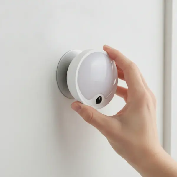 Main posant la veilleuse sur son disque métallique collé au mur, où elle tient par aimant