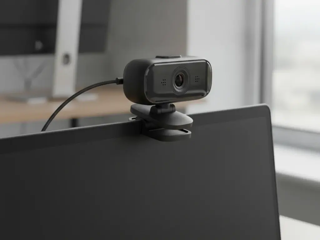 Webcam à pince fixée sur le bord supérieur d'un écran d'ordinateur, câble USB à l'arrière