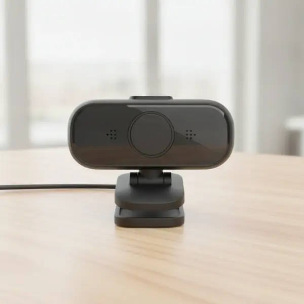 Gros plan sur la face avant de la webcam, cache fermé devant l'objectif