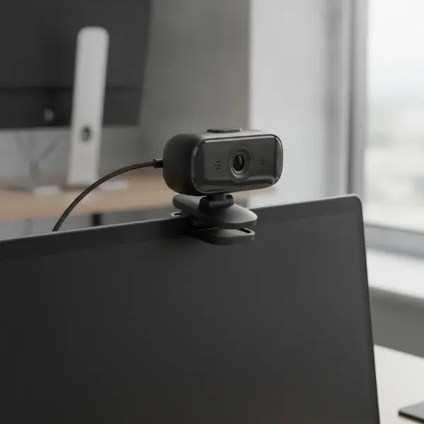Webcam fixée par sa pince sur le haut de l'écran d'un ordinateur portable, dans un bureau lumineux