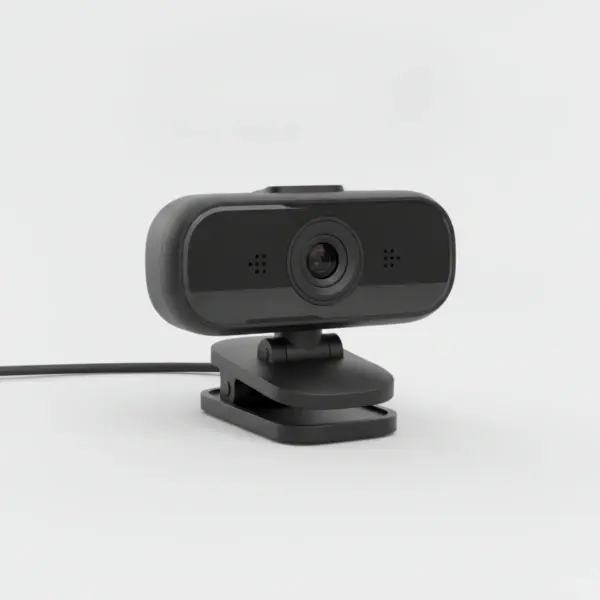 Webcam vue de trois quarts, avec sa charnière, sa pince et son câble USB, sur fond gris clair