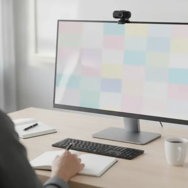 Webcam fixée sur le haut d'un écran pendant un appel vidéo, clavier et carnet sur la table de travail